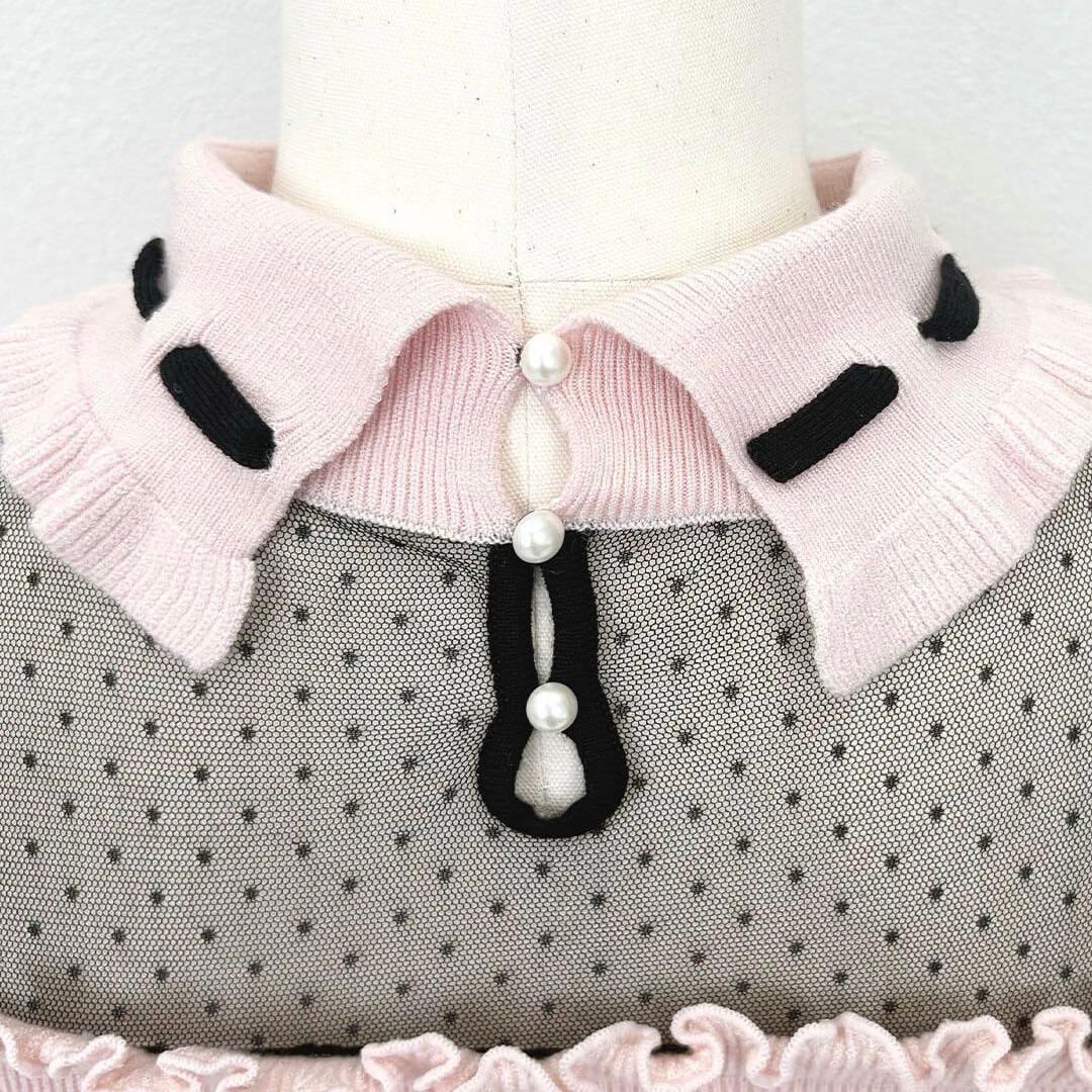 完売品 ハニーミュウ ドットチュール肩あきフリルトップス ピンク