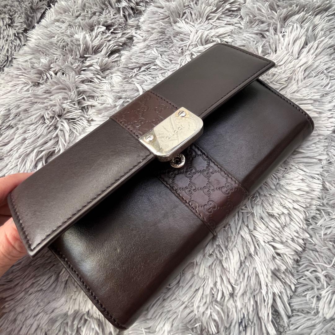 良品✨GUCCI マイクロシマ　レザー　ダークブラウン　シルバーロゴ　長財布