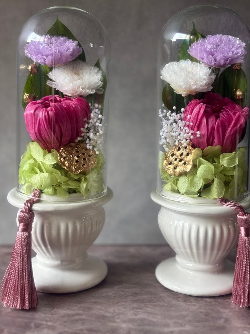 プリザーブドフラワーアレンジメント仏花　一対　ガラスドーム入り