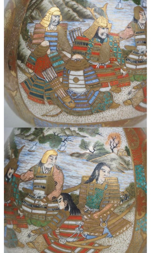 送料無料　明治期 薩摩焼 丸十字家紋　色絵金彩人物図瓢箪形花瓶　高さ23.5ｃｍ