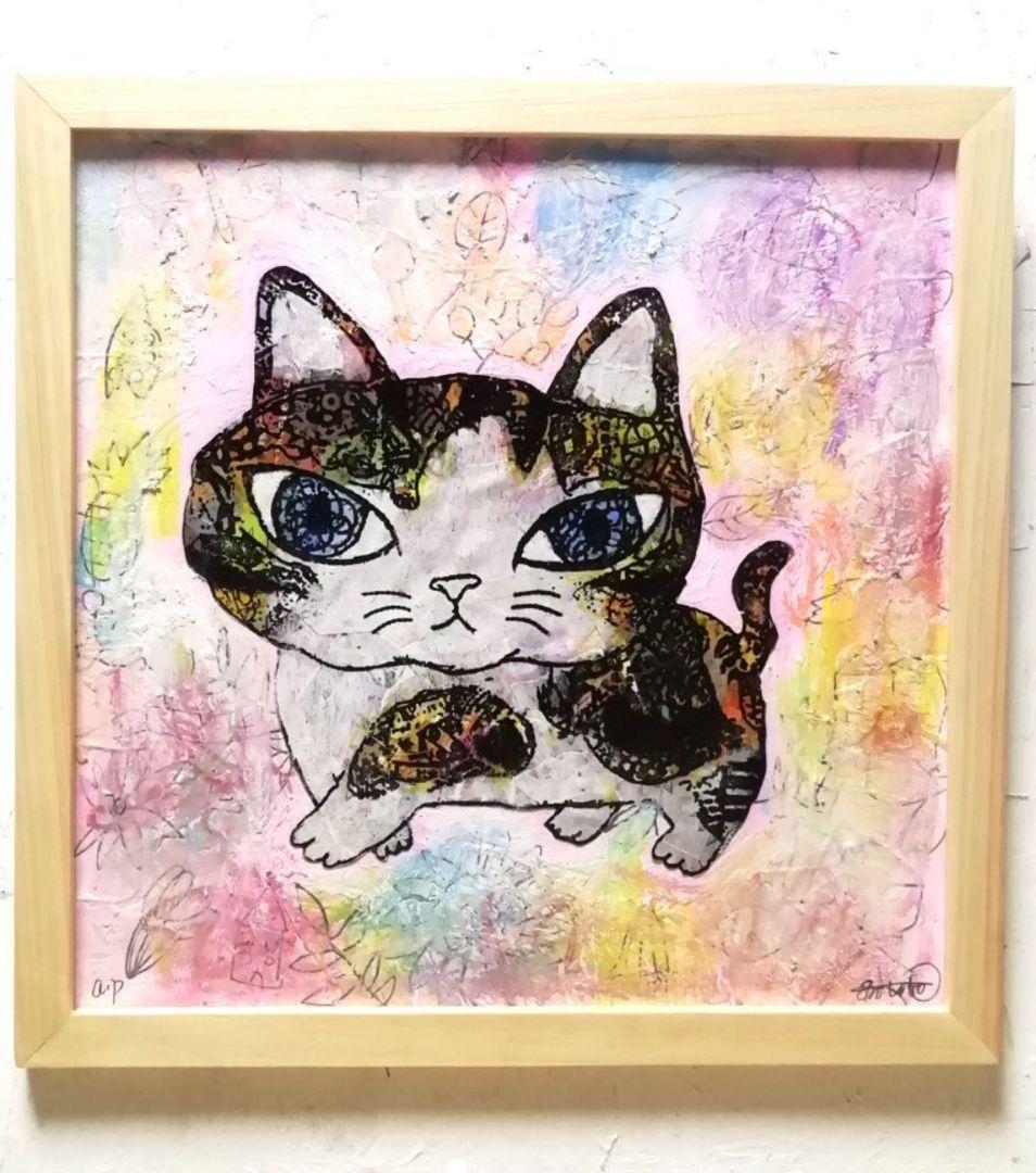 額付き銅版画応用絵画　title「お通りニャンコ」　「ひらめき猫」「フレブル」