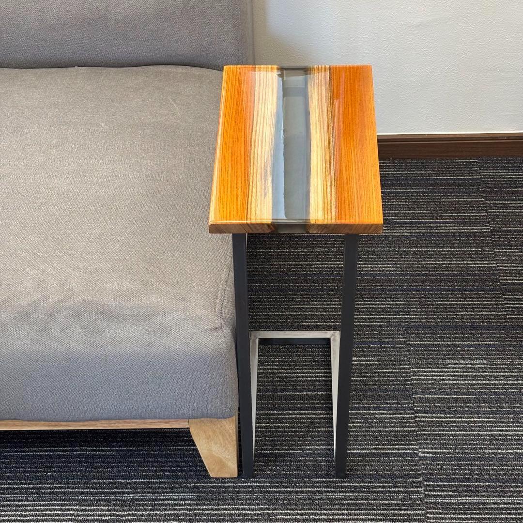 サイドテーブル 北欧風 アイアン 無垢材 木製 一枚板 コの字 アンティーク 欅