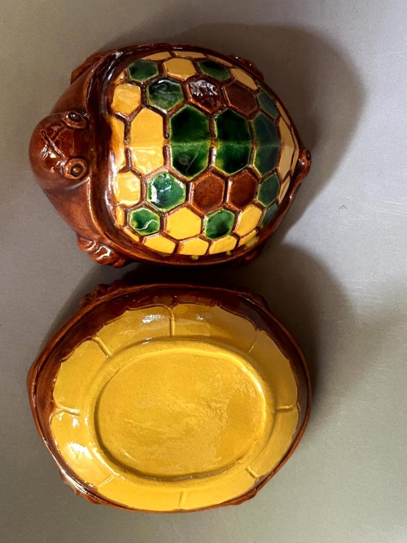 香合■松古窯 佐久間芳丘 交趾大亀 香合 三彩亀 六角形亀甲 時代物 骨董品■
