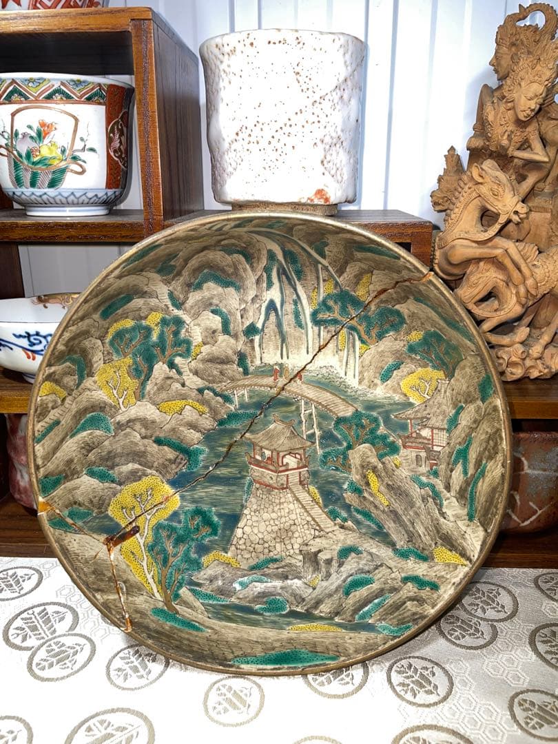 古美術　時代青手古九谷　山水楼閣人物文　鉢角福銘 骨董　博物館級