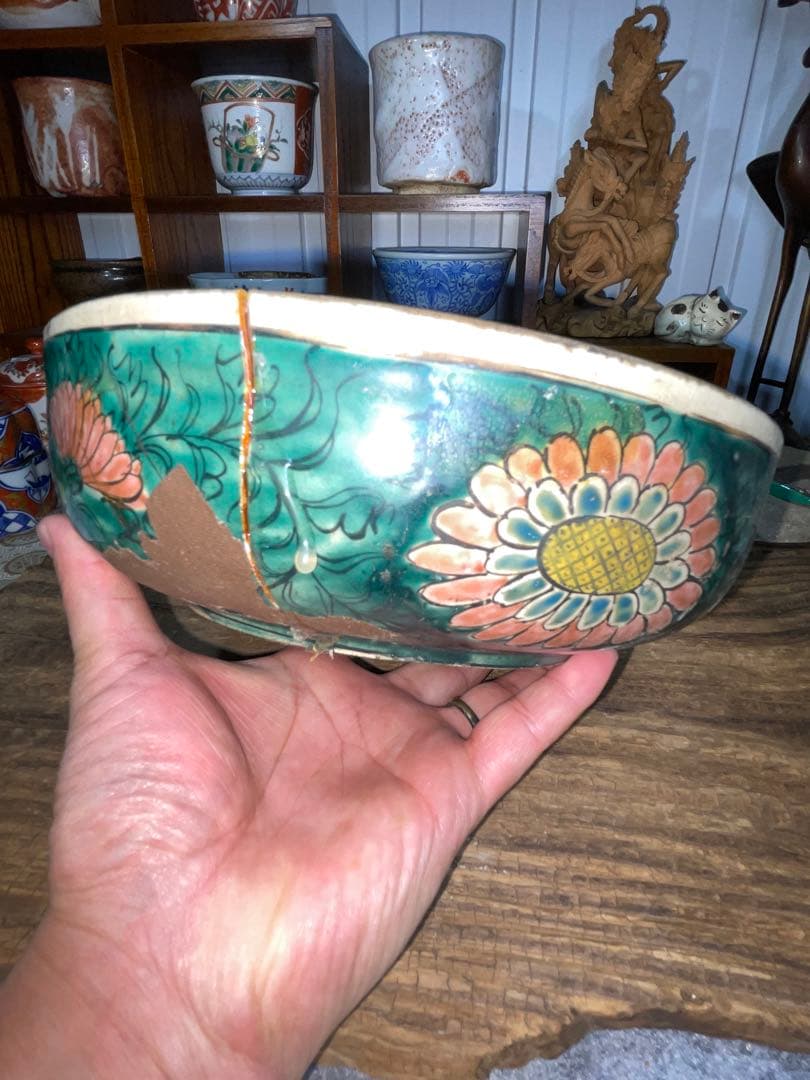 古美術　時代青手古九谷　山水楼閣人物文　鉢角福銘 骨董　博物館級