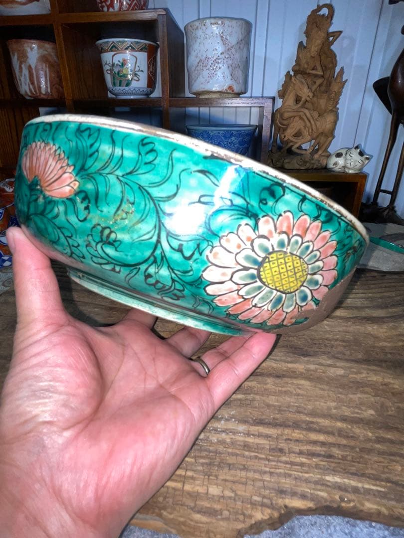 古美術　時代青手古九谷　山水楼閣人物文　鉢角福銘 骨董　博物館級