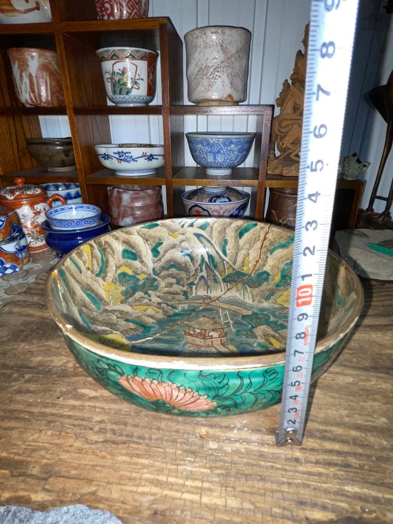 古美術　時代青手古九谷　山水楼閣人物文　鉢角福銘 骨董　博物館級