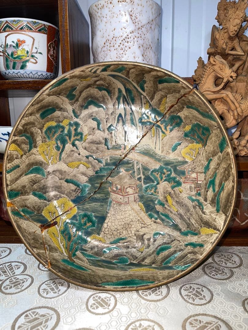 古美術　時代青手古九谷　山水楼閣人物文　鉢角福銘 骨董　博物館級