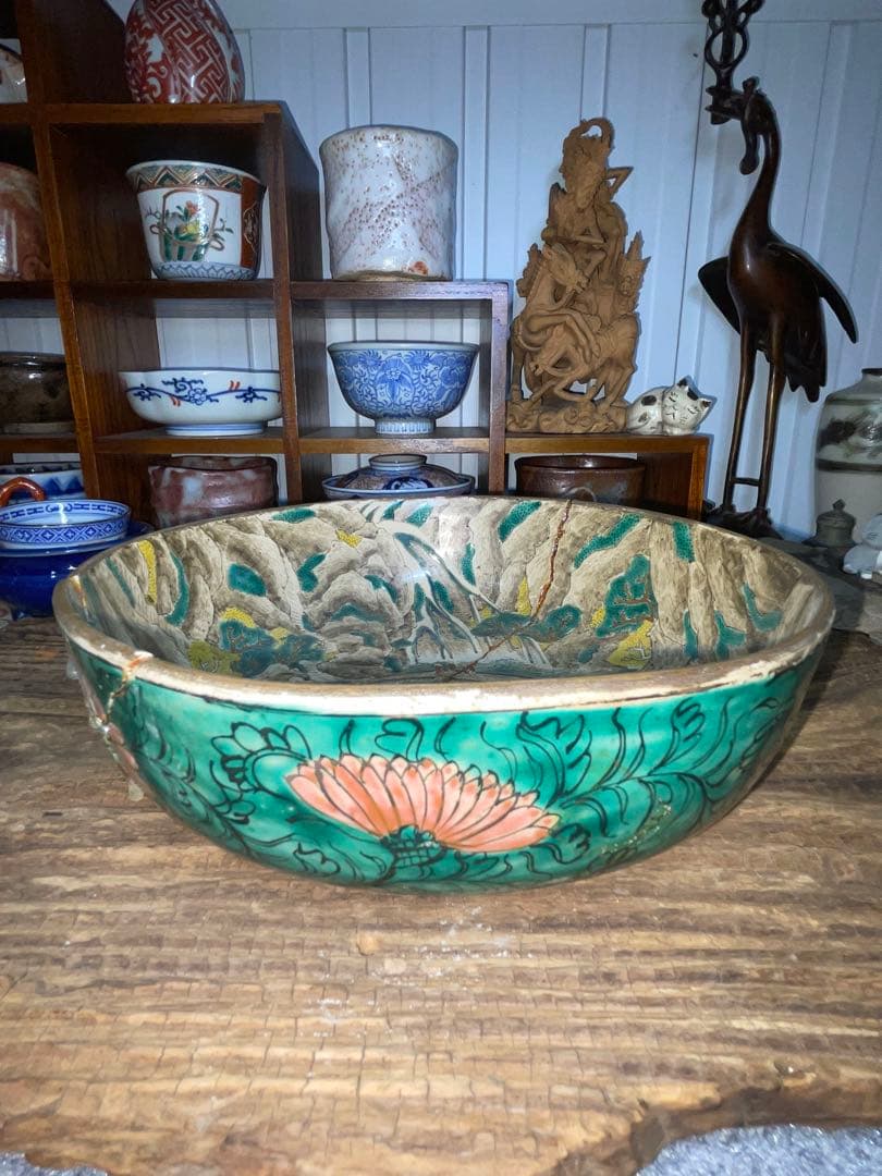 古美術　時代青手古九谷　山水楼閣人物文　鉢角福銘 骨董　博物館級