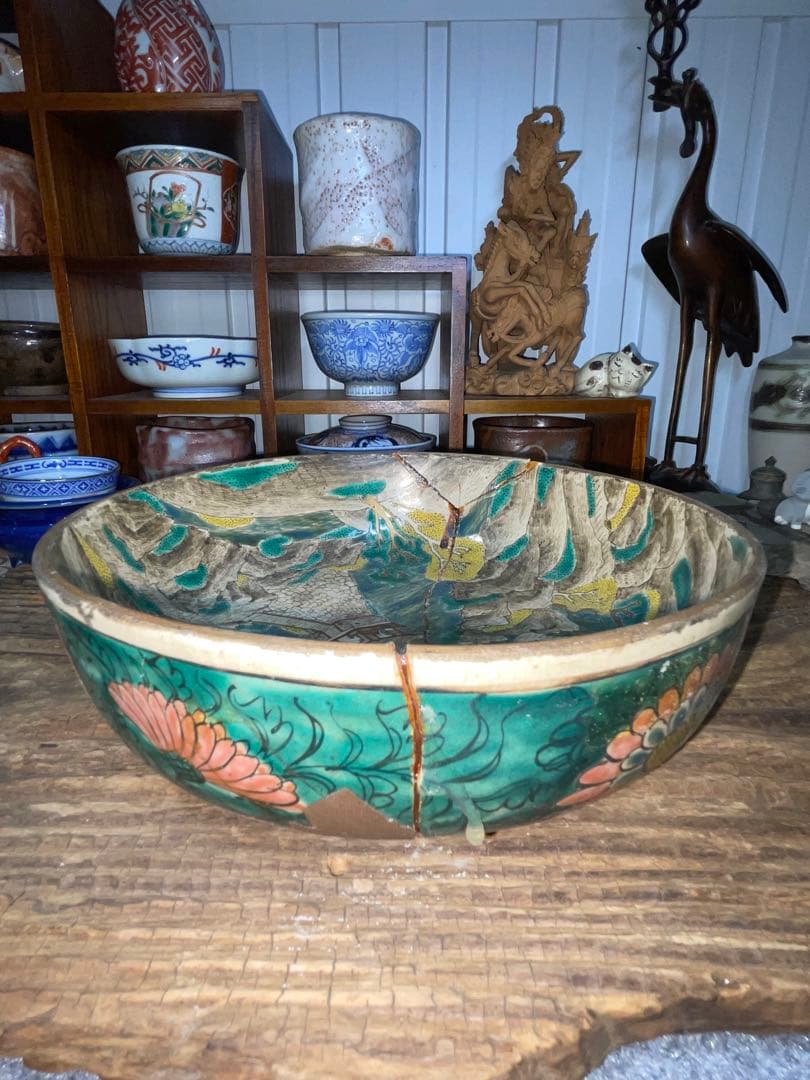 古美術　時代青手古九谷　山水楼閣人物文　鉢角福銘 骨董　博物館級