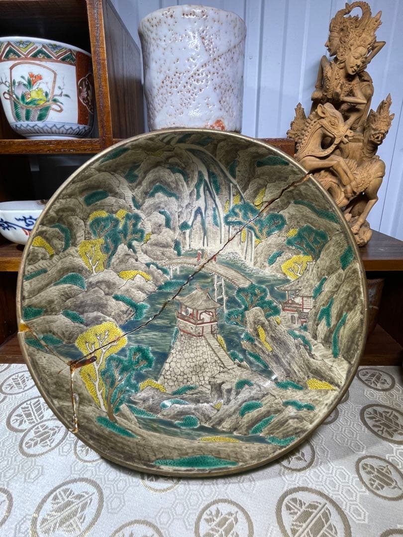 古美術　時代青手古九谷　山水楼閣人物文　鉢角福銘 骨董　博物館級