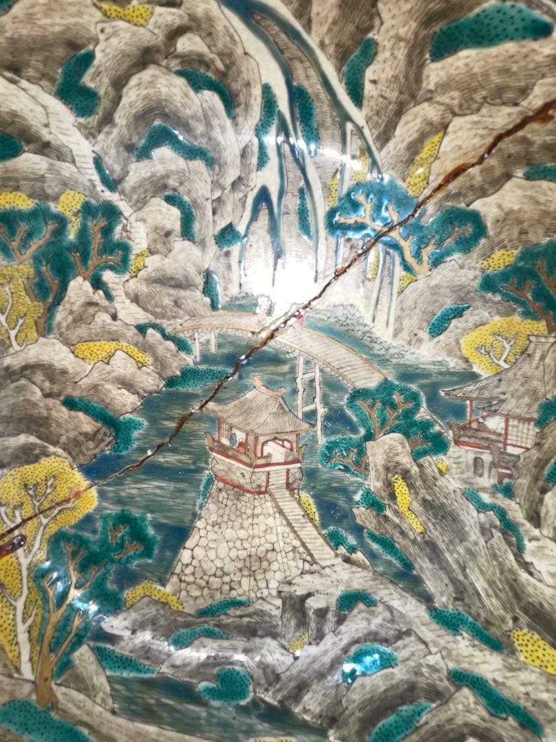 古美術　時代青手古九谷　山水楼閣人物文　鉢角福銘 骨董　博物館級