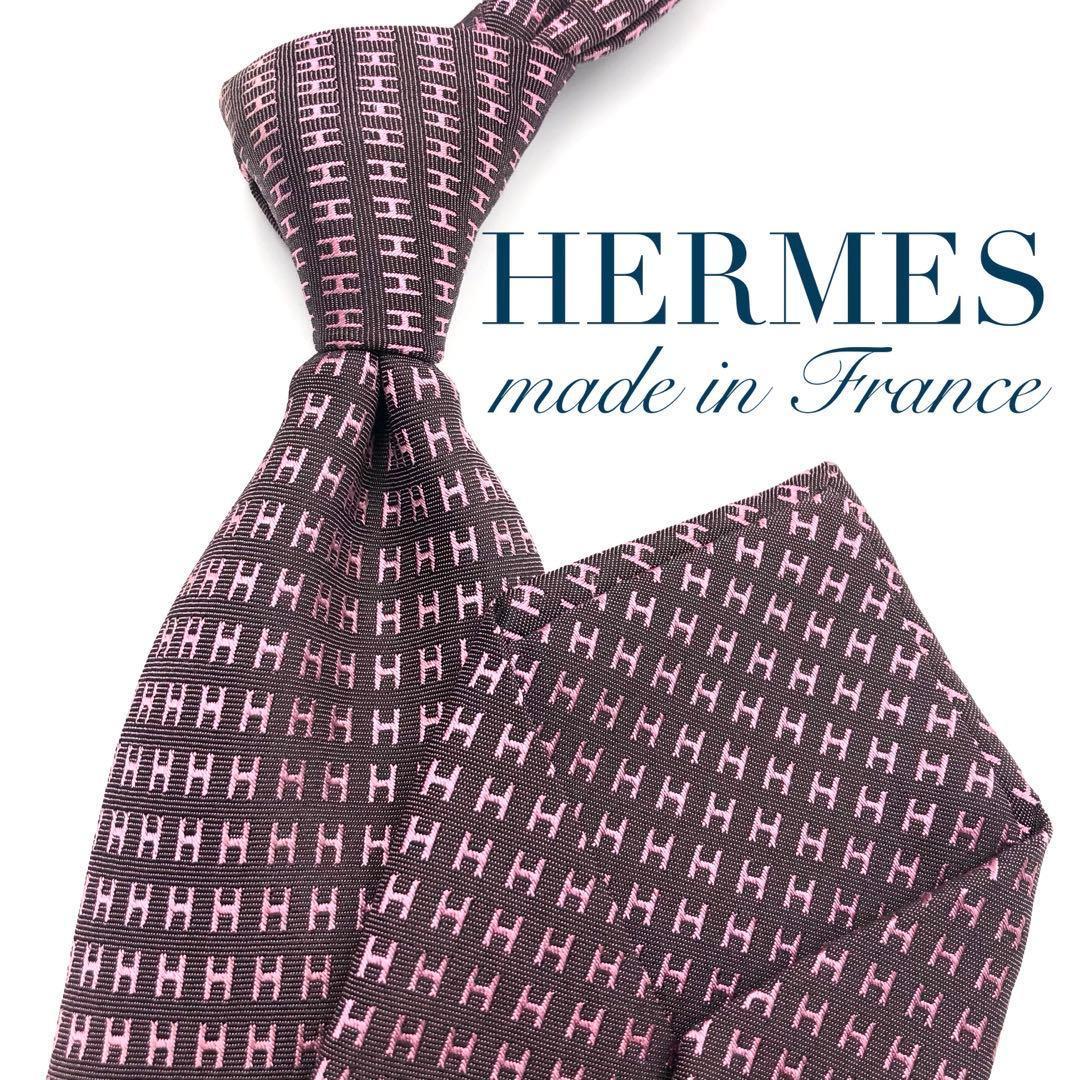 【美品】HERMES ネクタイ ファソネ H柄 H織 光沢感 パープル 人気柄