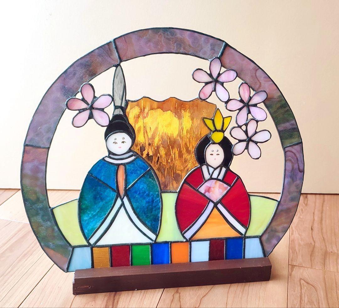 豪華ひな人形 ハンドメイドステンドグラスパネル 23x28cm 桃の節句 雛祭り