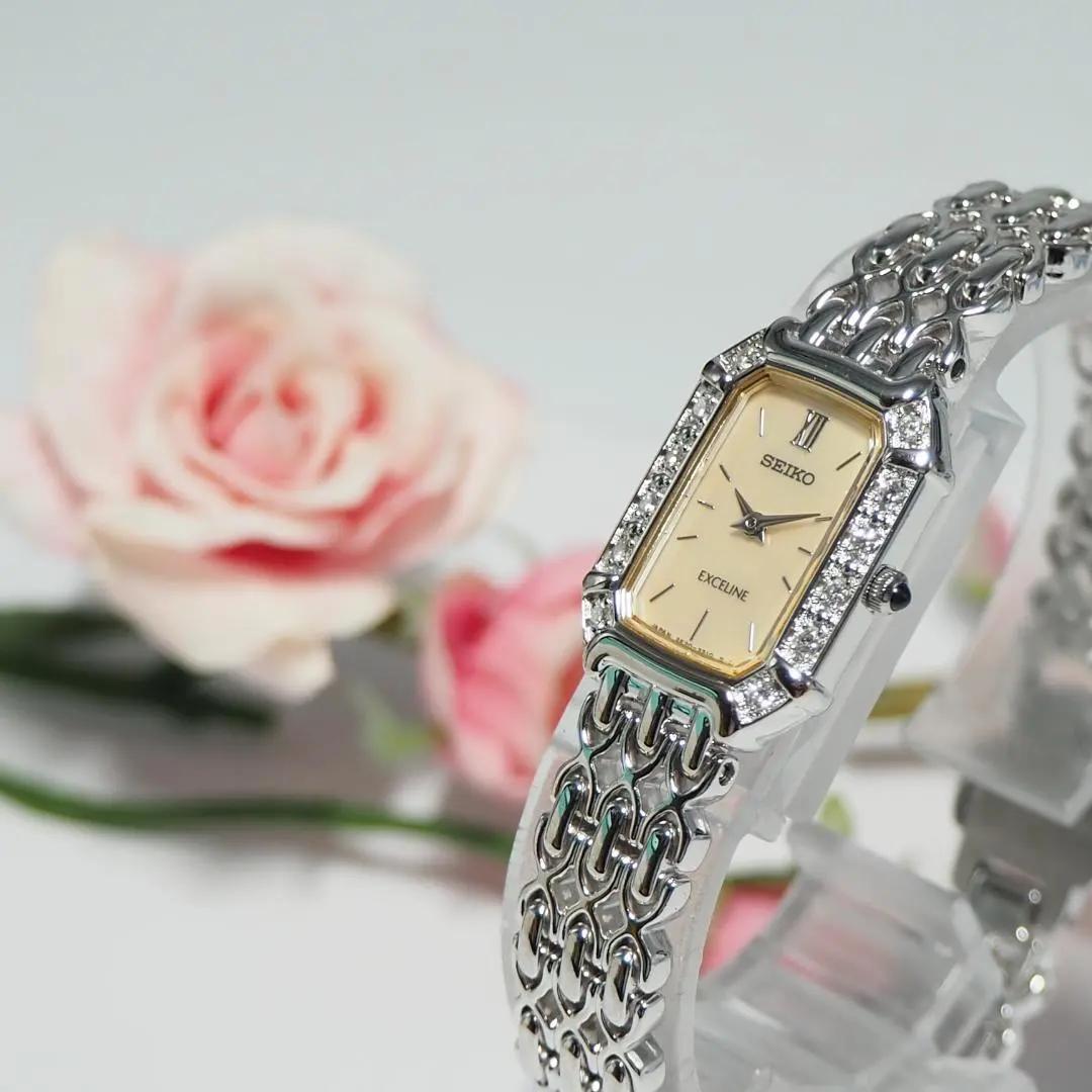 美品 エクセリーヌ セイコー スクエア ダイヤベゼル シェル 腕時計 H113