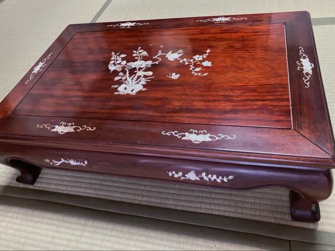 螺鈿テーブル　木製座卓 貝殻細工 花模様