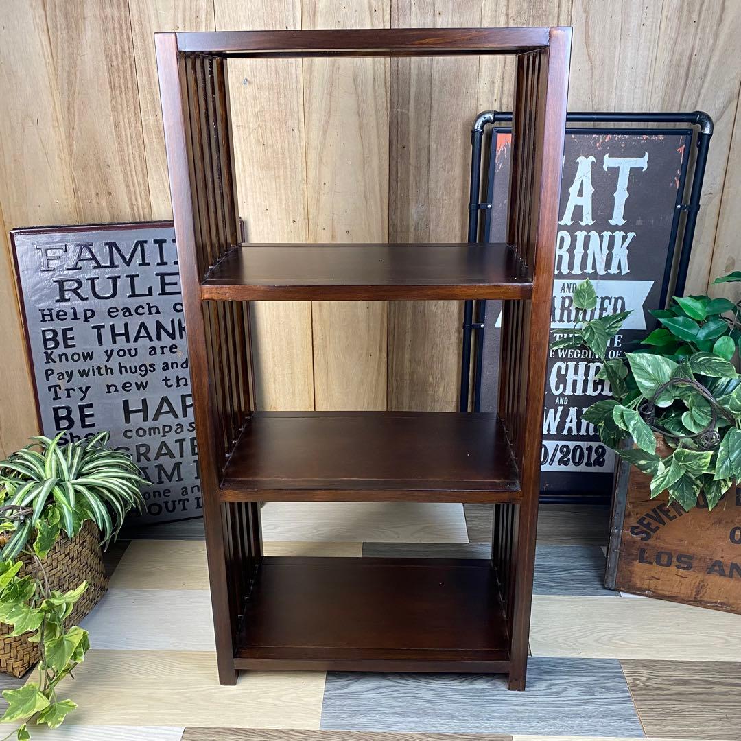 アジアンエスニック木製天然無垢材格子ラックシェルフ三段木製飾り棚和室和風