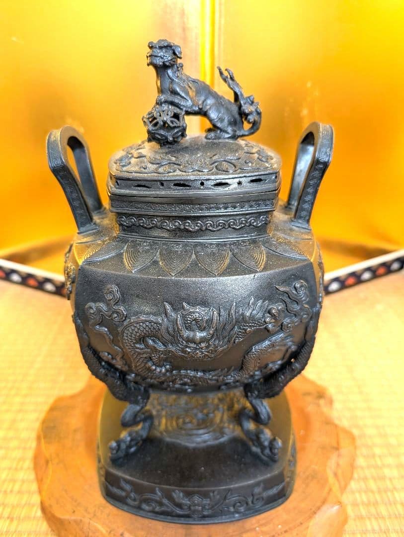 金属工芸　鋳銅　大型香炉　雲龍紋　高岡銅器　米田秀保