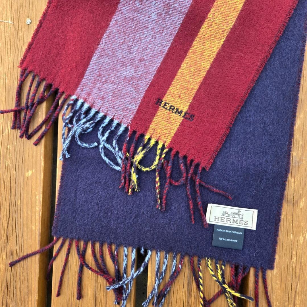 Hermès　エルメス　オルタネートストライプ フリンジ付き マフラー カシミヤ