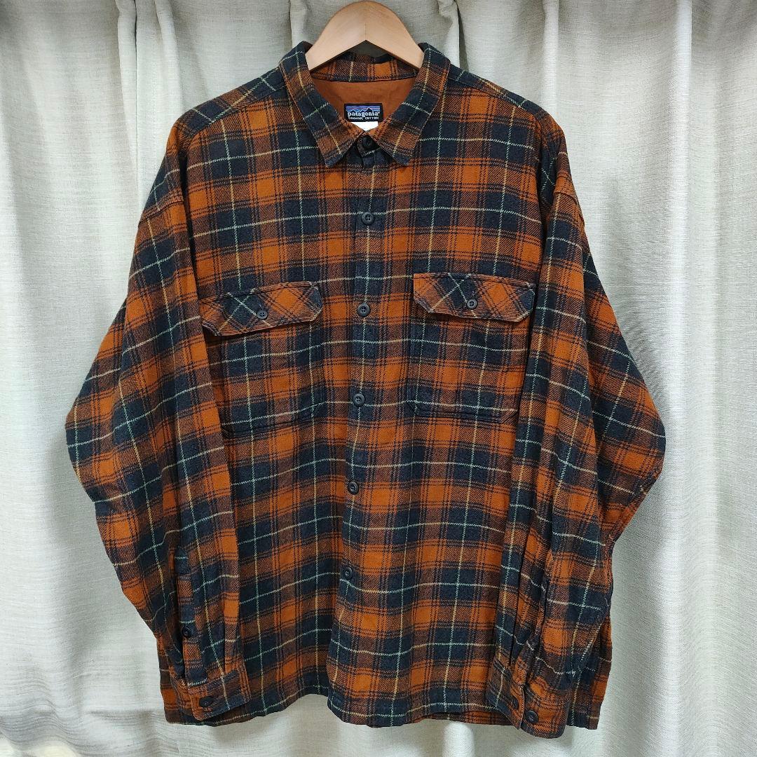パタゴニア ヘビーフランネルシャツ オンブレ XL オレンジ ネイビー
