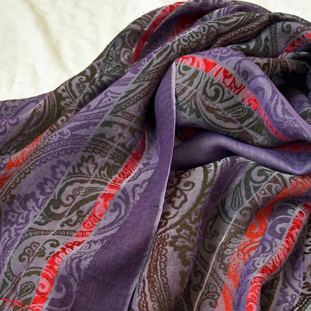 エトロ 高級感 高見え ペイズリー 刺繍入り大判ストール シルク混 パープル