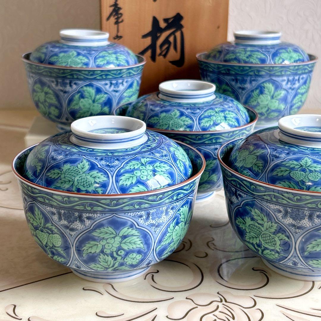 美濃焼　庫山窯　青華緑彩　蓋付き丼ぶり揃　5客　円菓子椀　色絵染付　丼ぶり