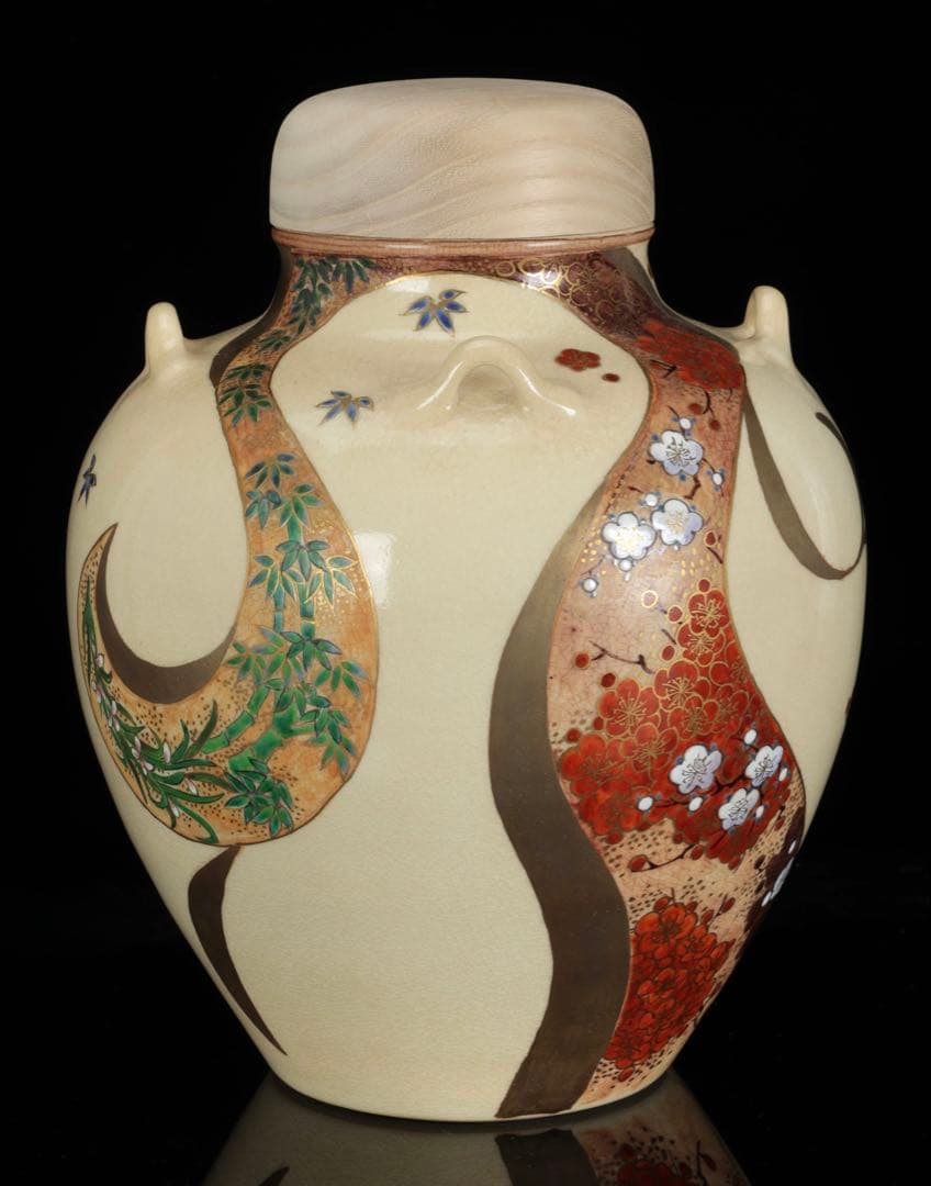 薩摩焼 【中野静鳳】茶道具 四君子絵 茶壺 飾壷 34㎝ 共箱付 古美術 骨董品