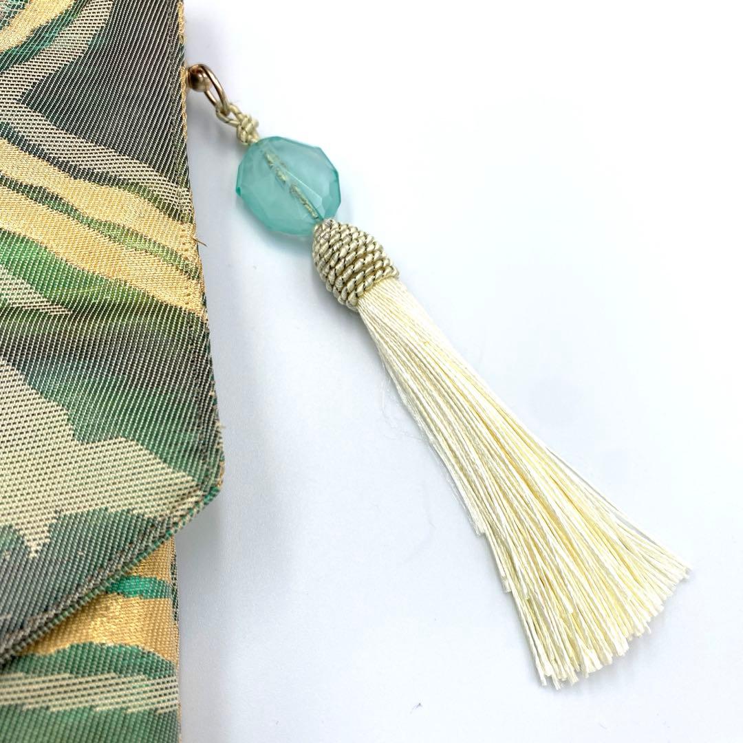 メタリックグリーン　帯リメイクバッグ　クラッチ&ポシェット2way 斜めがけ