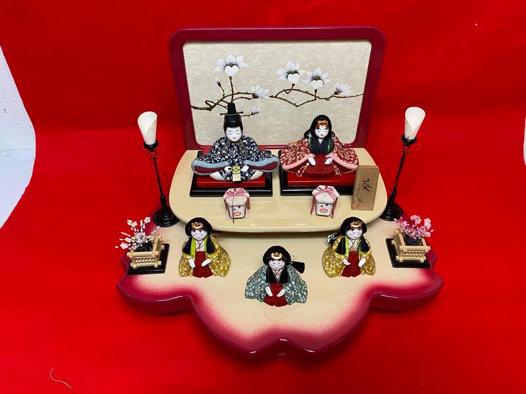 雛人形　草園作　木目込人形　親王五人飾り桜型台