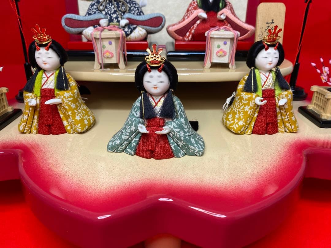雛人形　草園作　木目込人形　親王五人飾り桜型台