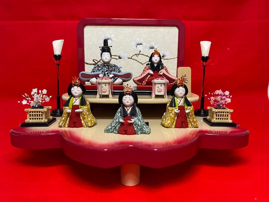 雛人形　草園作　木目込人形　親王五人飾り桜型台