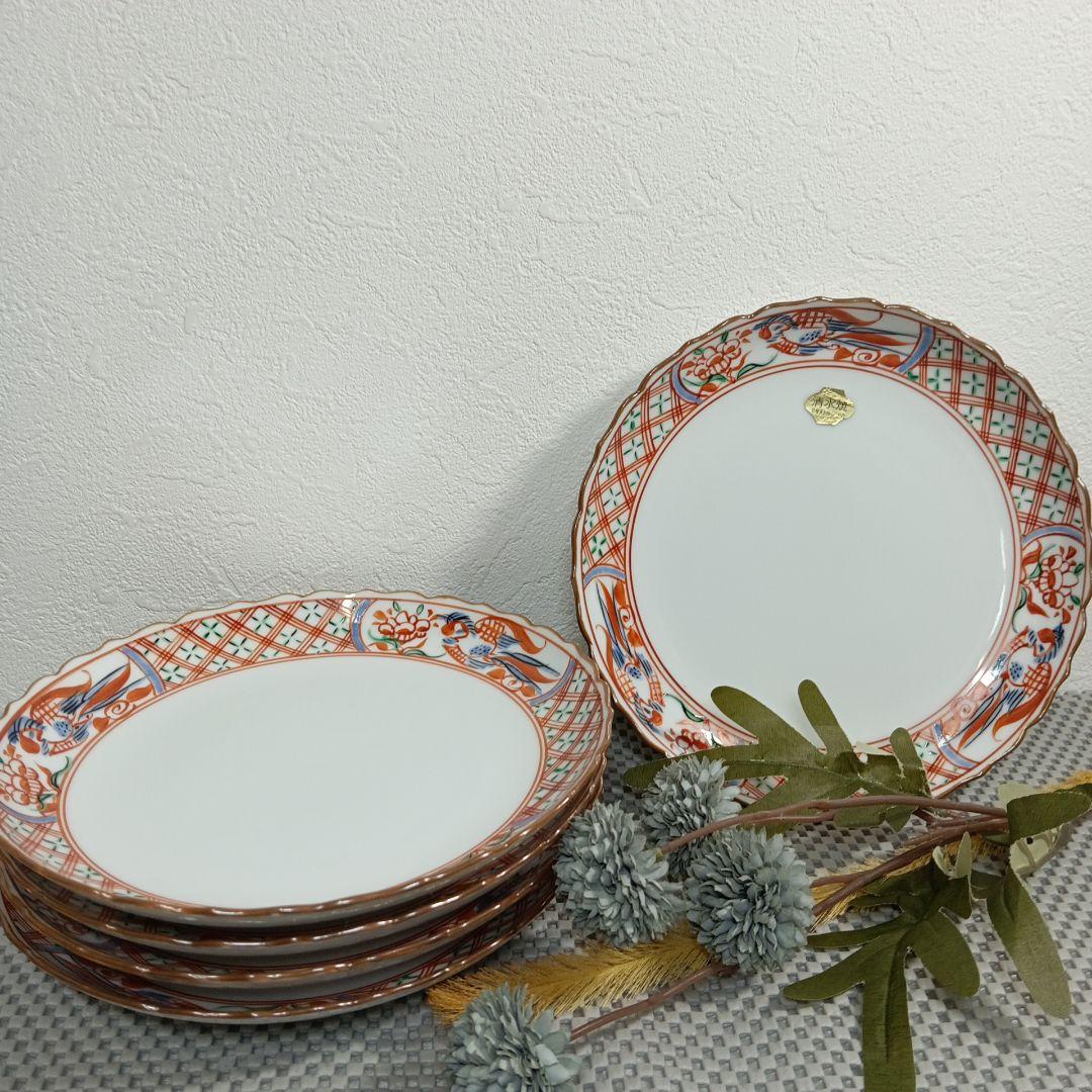 清水焼 赤絵格子花鳥六寸皿 お皿 菓子皿 盛り皿 5枚セット