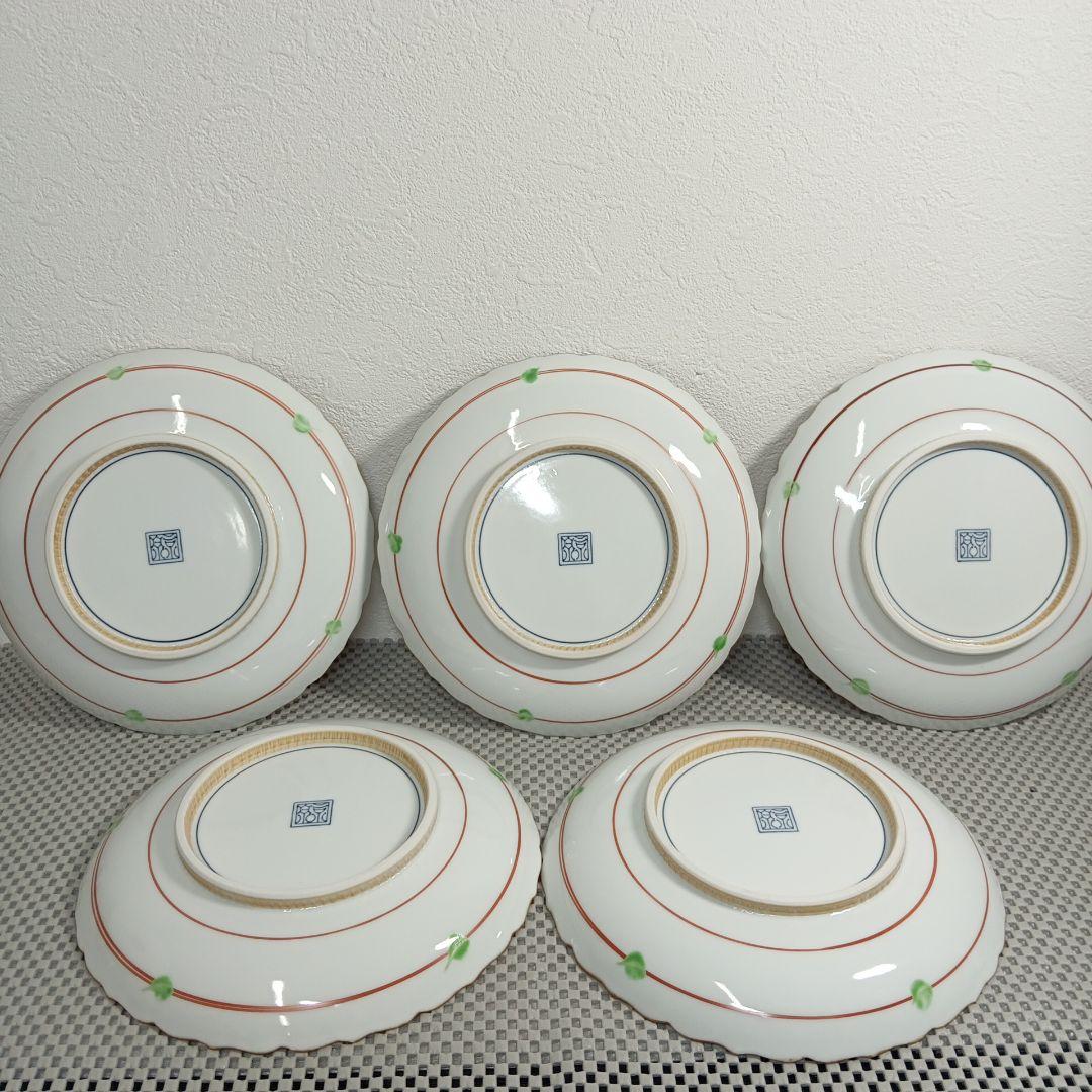 清水焼 赤絵格子花鳥六寸皿 お皿 菓子皿 盛り皿 5枚セット