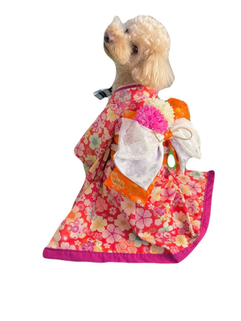 わんちゃん女の子　引きずり大振袖　ピンク花柄　Sサイズ