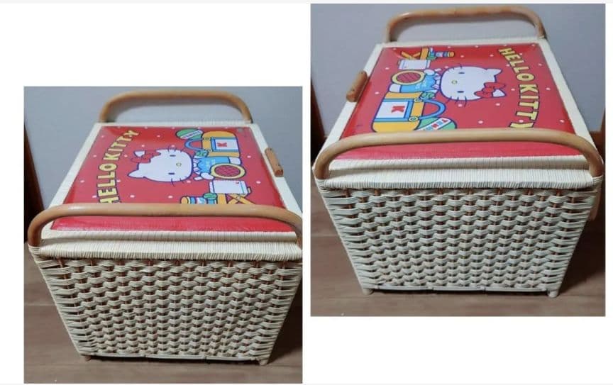 ハローキティ/サンリオ 収納ボックス 玩具箱 編みかご 昭和レトロ マット 2点