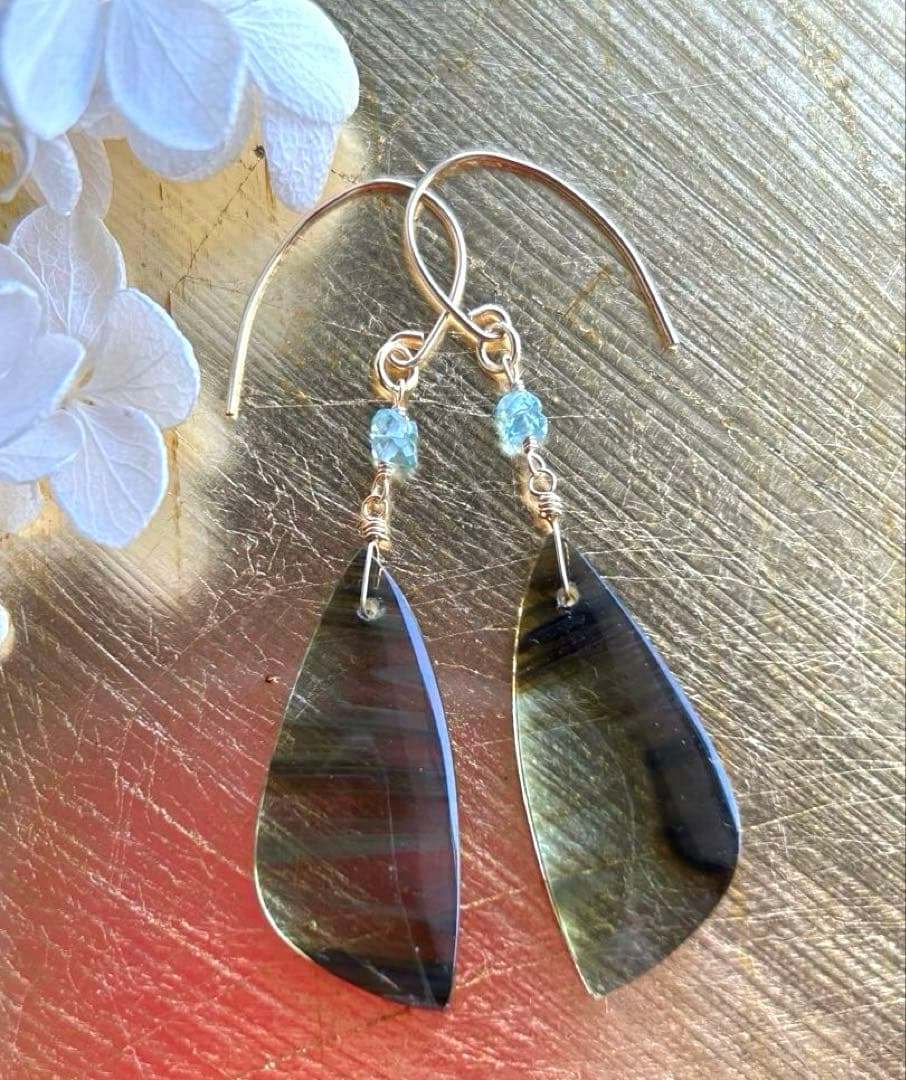 ブルーオブシディアン＆ブルージルコンのピアス他　14kgf