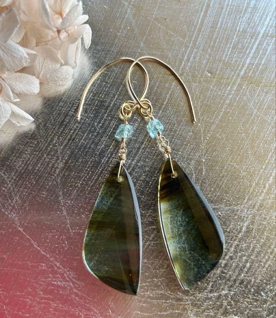 ブルーオブシディアン＆ブルージルコンのピアス他　14kgf