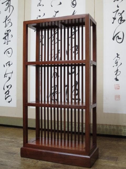 総唐木 花梨 無垢材 縦桟格子 3段 民芸 書棚/本棚/ブックシェルフ/飾り棚