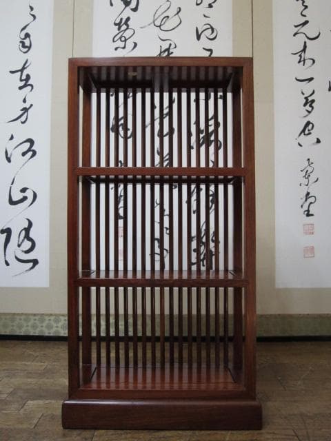 総唐木 花梨 無垢材 縦桟格子 3段 民芸 書棚/本棚/ブックシェルフ/飾り棚
