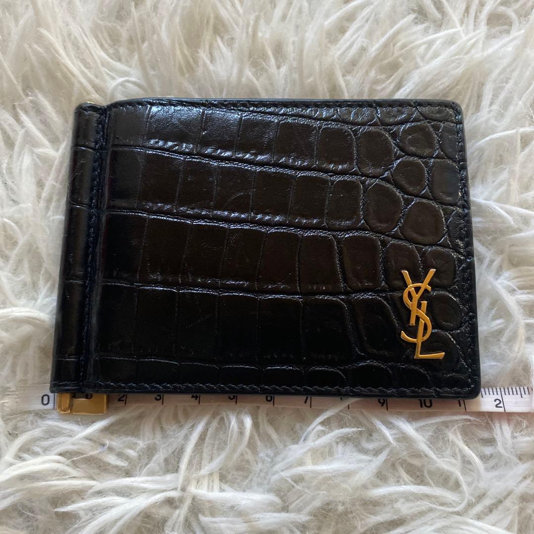 ゆずイヴサンローラン 黒 マネークリップ クロコ ゴールドロゴ YSL