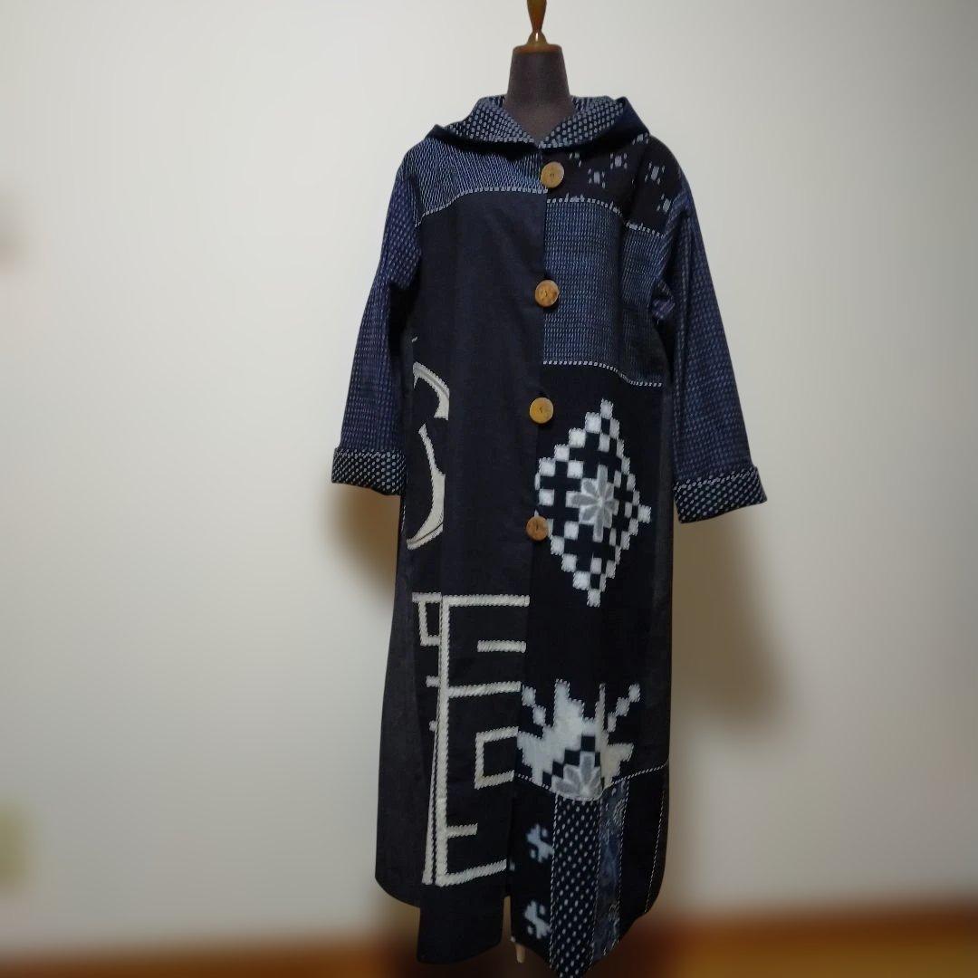 古布リメイク印半纏、絵絣、型染、縞木綿からフ―ドロングコート　　お値下げしました