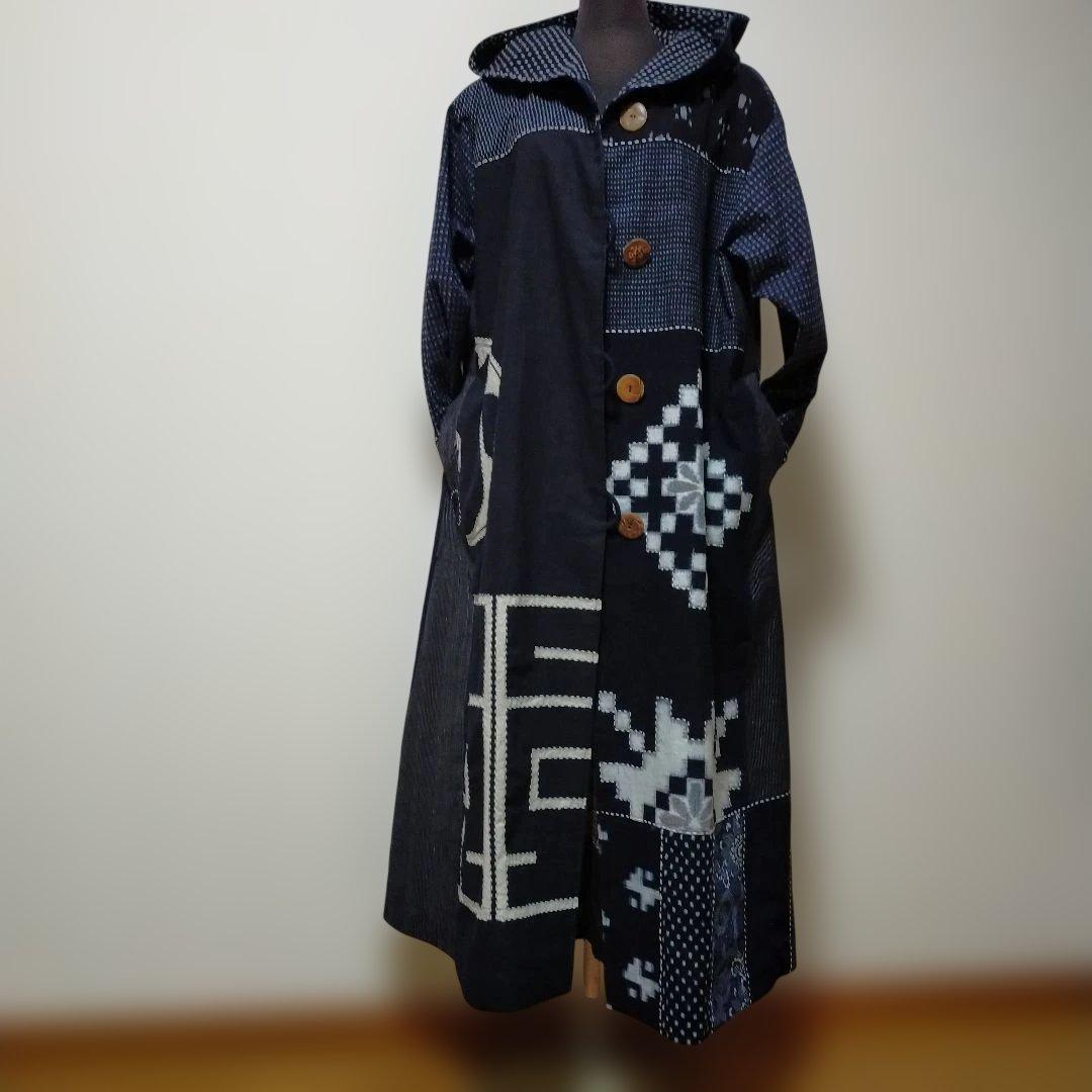 古布リメイク印半纏、絵絣、型染、縞木綿からフ―ドロングコート　　お値下げしました