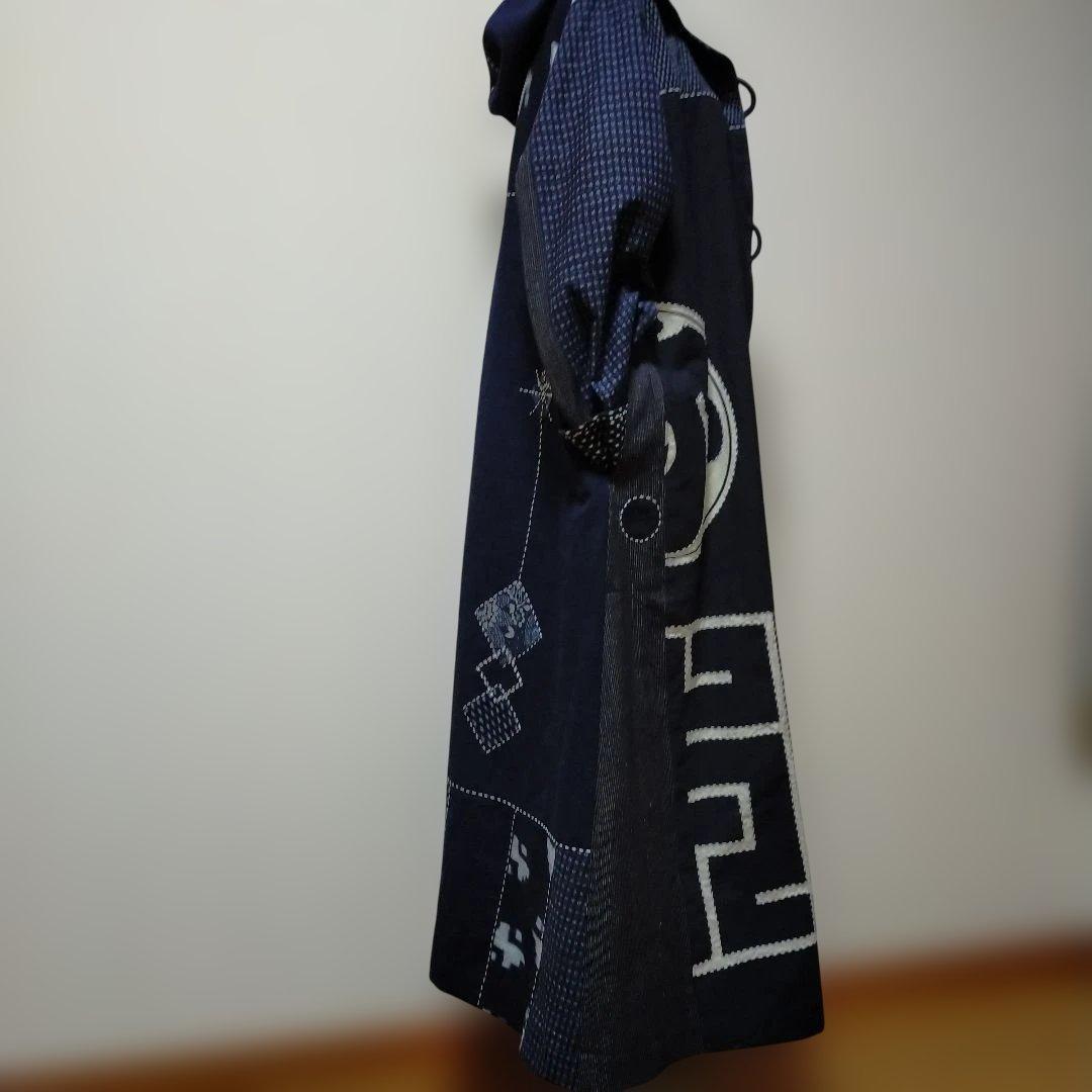 古布リメイク印半纏、絵絣、型染、縞木綿からフ―ドロングコート　　お値下げしました