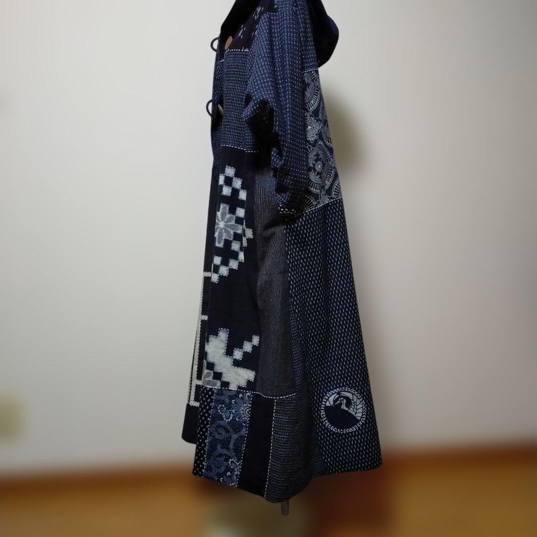 古布リメイク印半纏、絵絣、型染、縞木綿からフ―ドロングコート　　お値下げしました