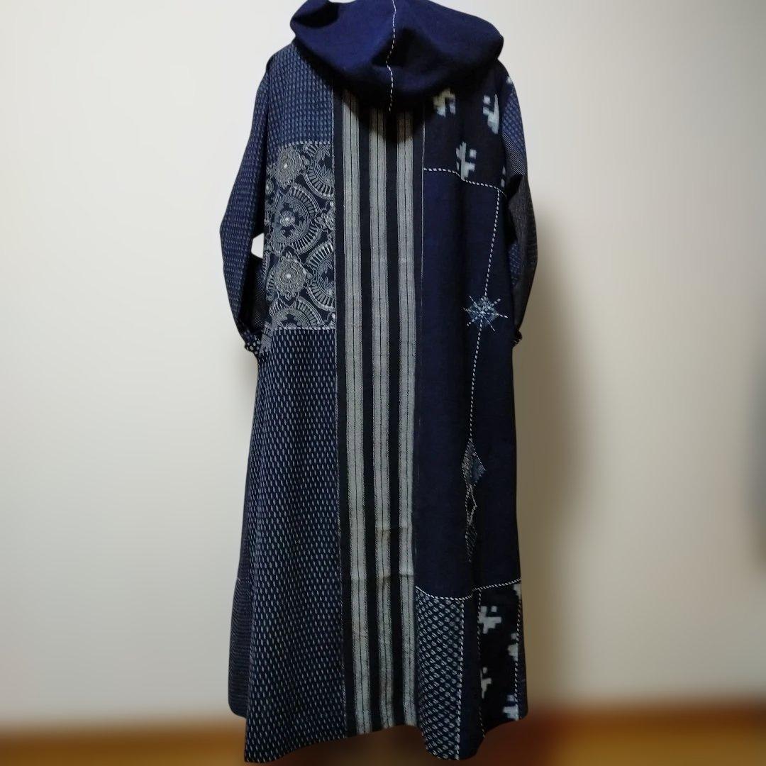 古布リメイク印半纏、絵絣、型染、縞木綿からフ―ドロングコート　　お値下げしました
