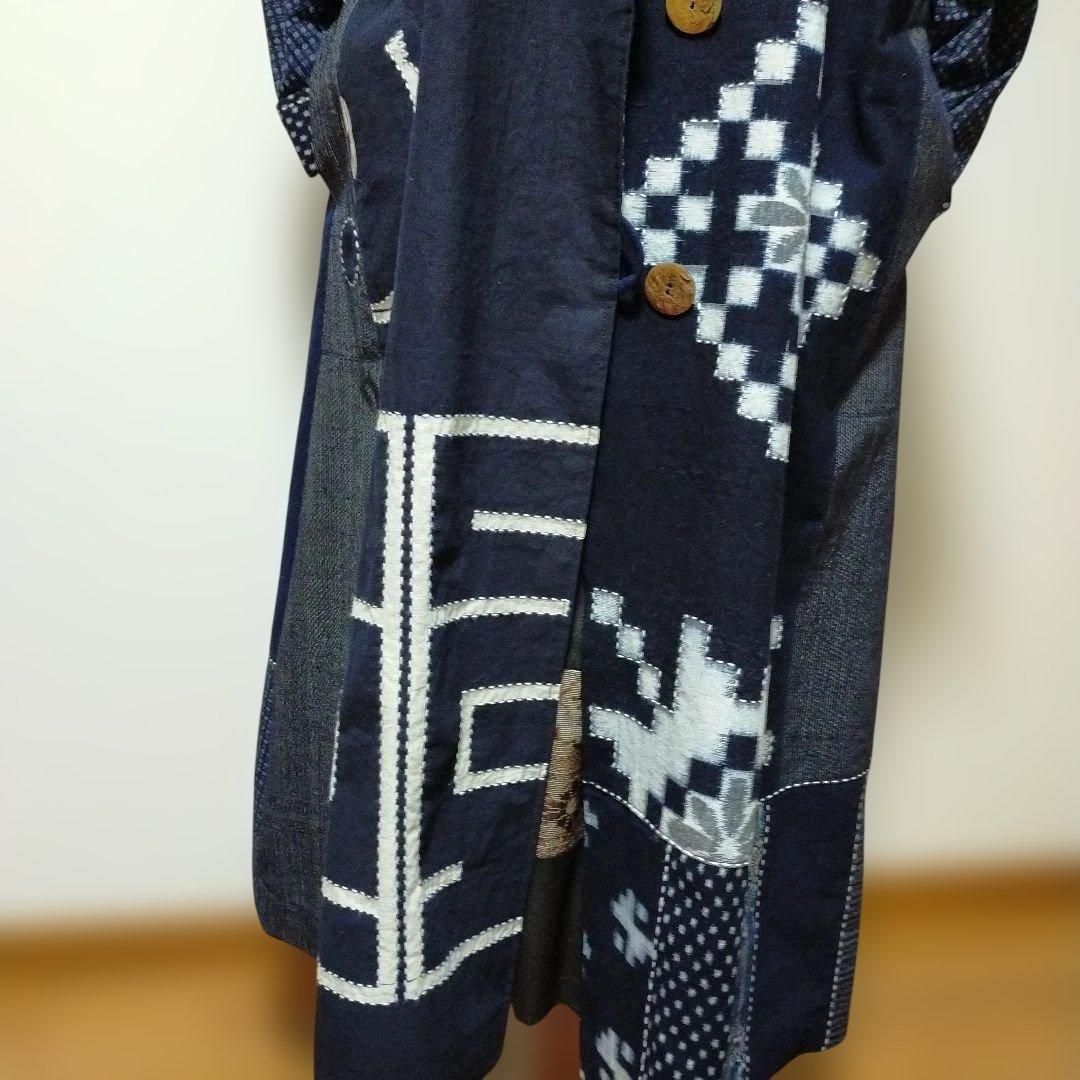 古布リメイク印半纏、絵絣、型染、縞木綿からフ―ドロングコート　　お値下げしました