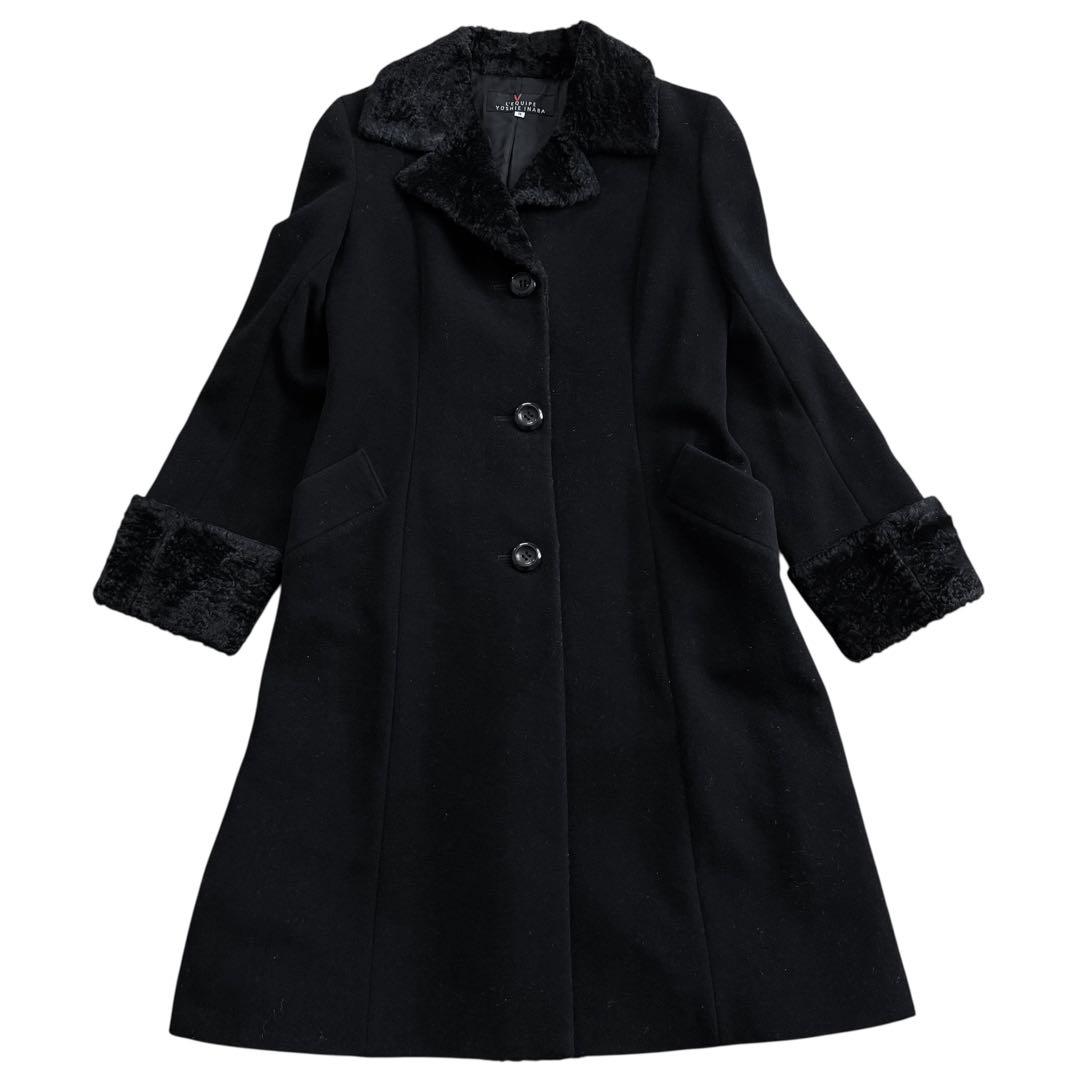 【美品】レキップ ヨシエイナバ カシミヤ混 ロングコート ベロア切り替え 黒 M