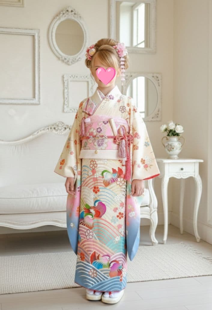 上級品☆正絹☆誂え☆クリーム色の着物に作り帯セット☆七五三７歳ハーフ成人式