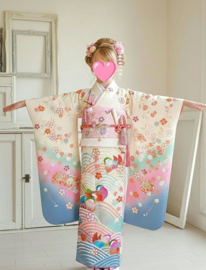 上級品☆正絹☆誂え☆クリーム色の着物に作り帯セット☆七五三７歳ハーフ成人式