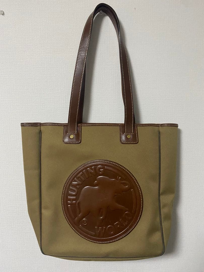 ハンティングワールド　トートバッグ　サファリ　カーキ　キャンバス 革　A4可